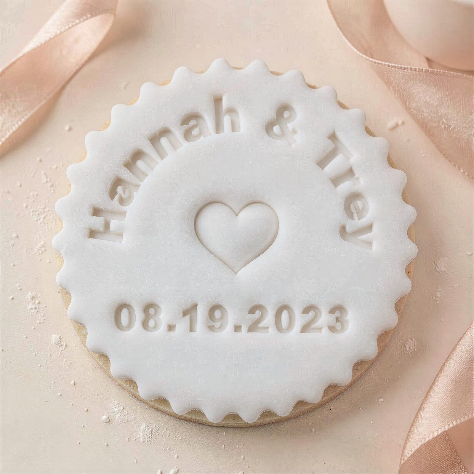 Personalized Wedding Cookie Stamp: Custom Couple Name & Date Embosser, 3"