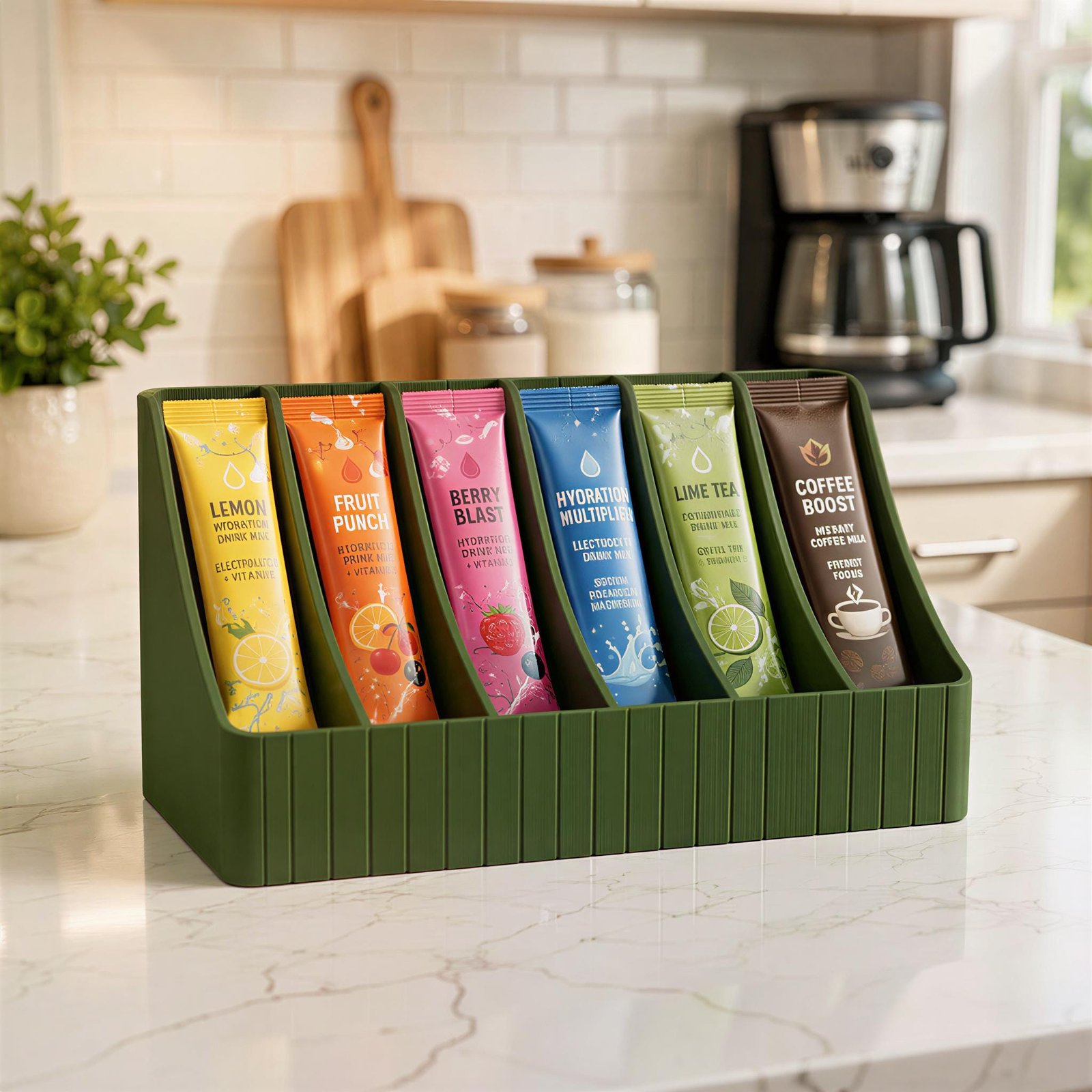 6-Slot Drink Mix Packet Organizer, 3D Printed PLA Holder, Countertop Hydration Station - Image 2