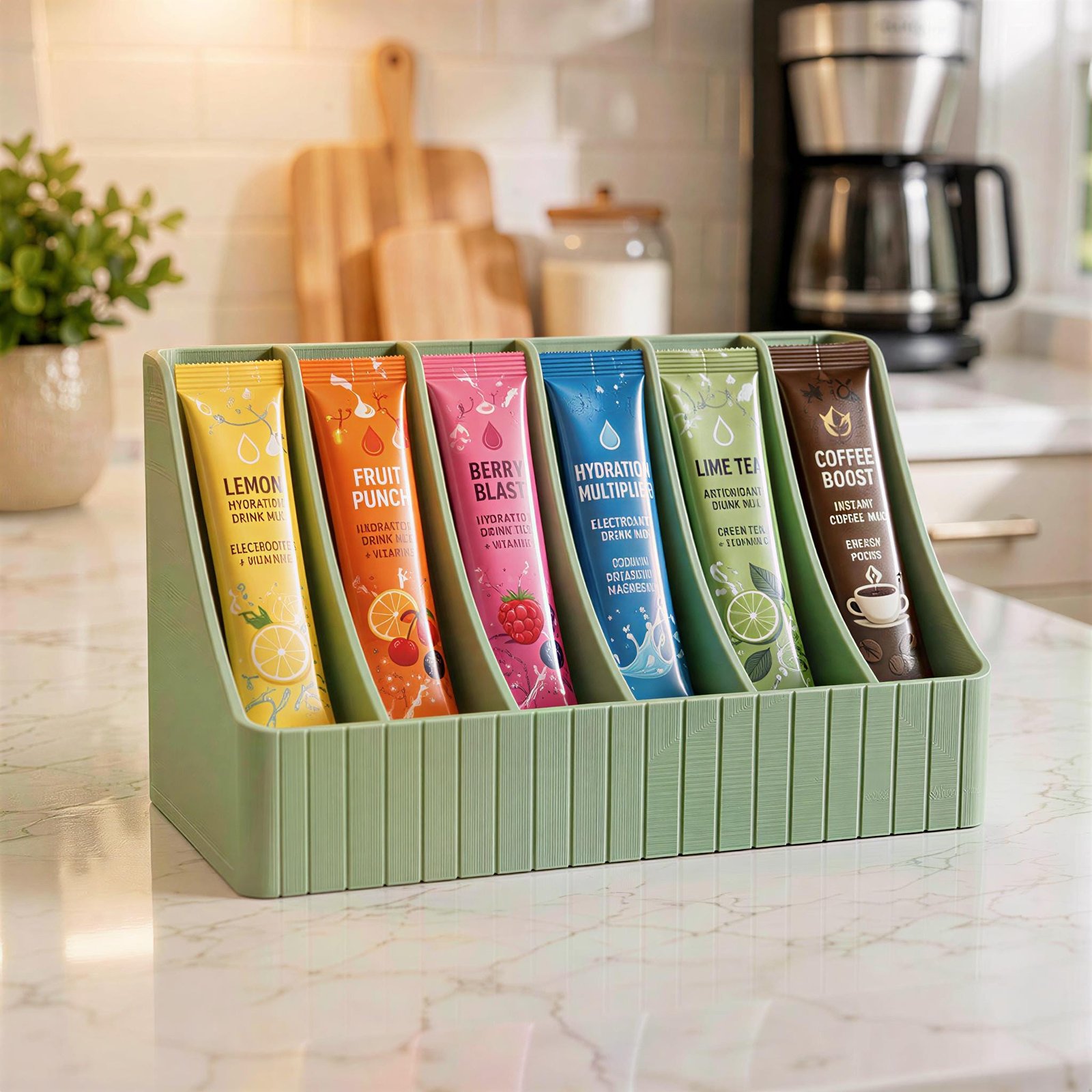 6-Slot Drink Mix Packet Organizer, 3D Printed PLA Holder, Countertop Hydration Station - Image 9