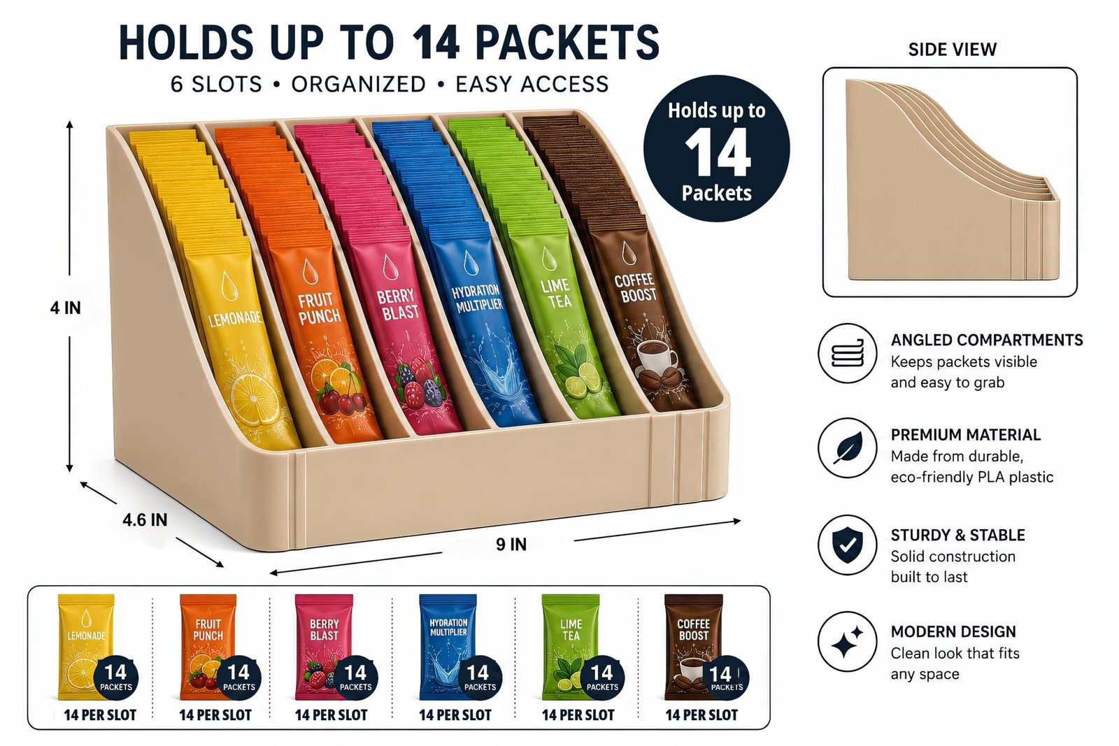 6-Slot Drink Mix Packet Organizer, 3D Printed PLA Holder, Countertop Hydration Station - Image 3