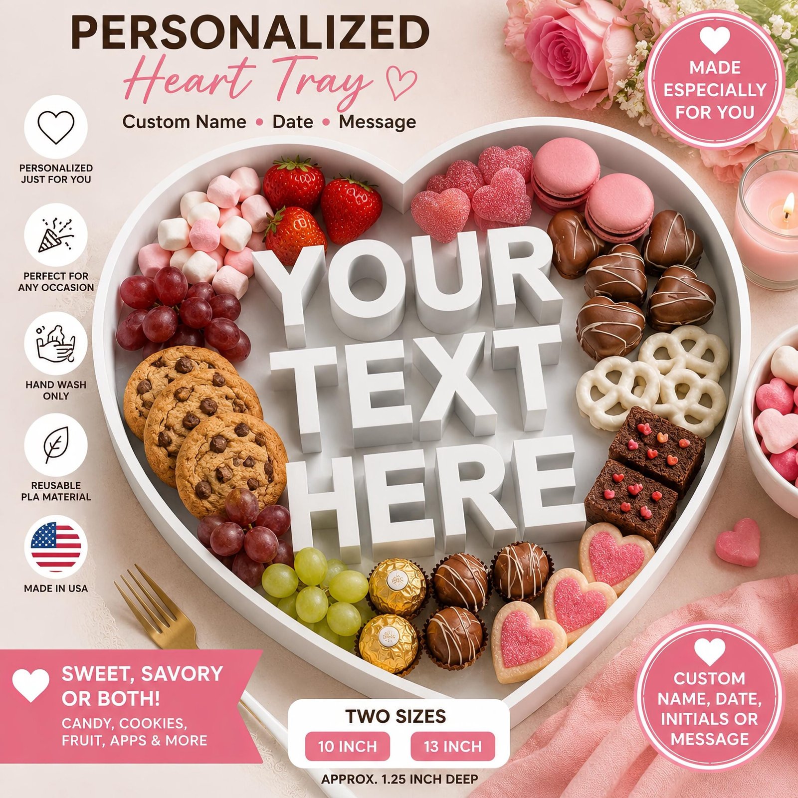 Personalized Heart Charcuterie Tray, Custom Name Candy and Dessert Display