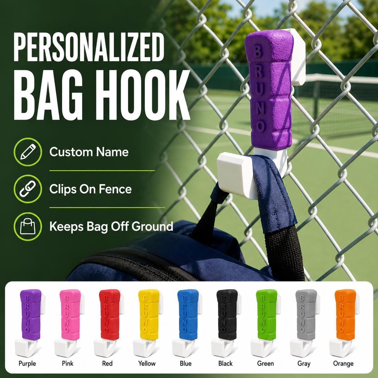 Personalized Tennis Bag Hook – Tennis Racket Fence Hanger – Custom Sports Gear Accessory - Racket Handle Design - Image 2