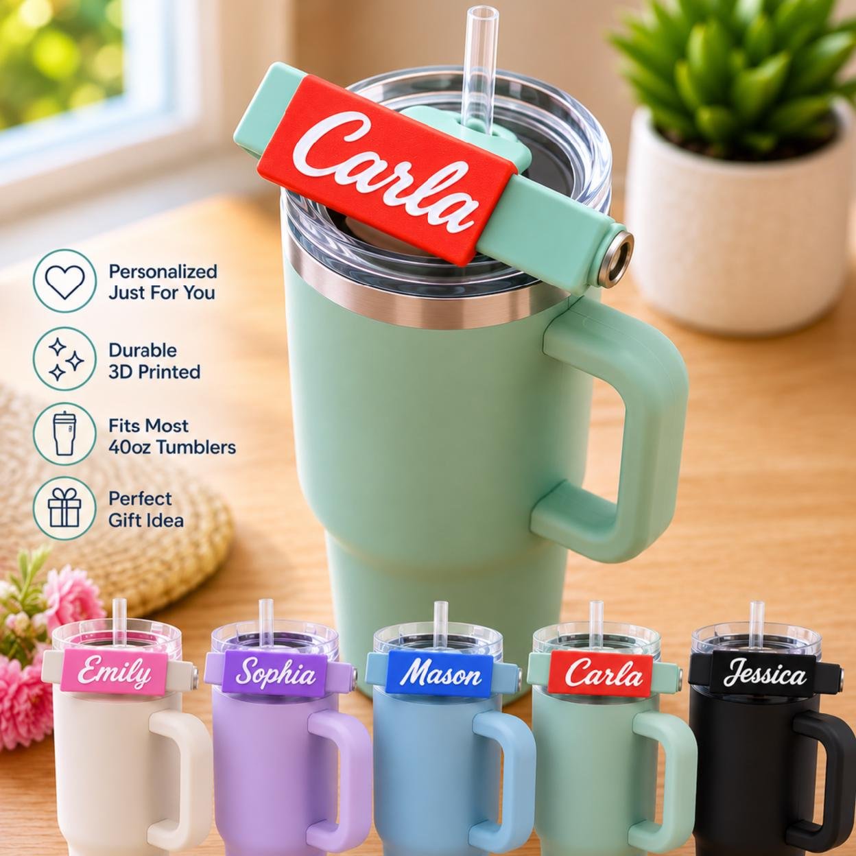 Personalized Stanley Tumbler Custom Handle Name Plate | 20oz & 30oz IceFlow Flip Straw | Handle Name Plate Snap-on Tumbler Lovers