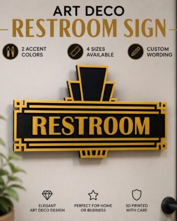 Personalized Art Deco Restroom Sign: Black and Gold Bathroom Plaque