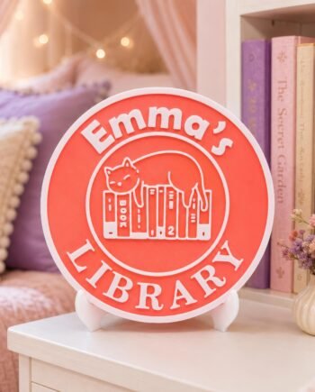 Personalized Library Sign with Stand: Custom 3D Printed Bookshelf and Book Nook Decor