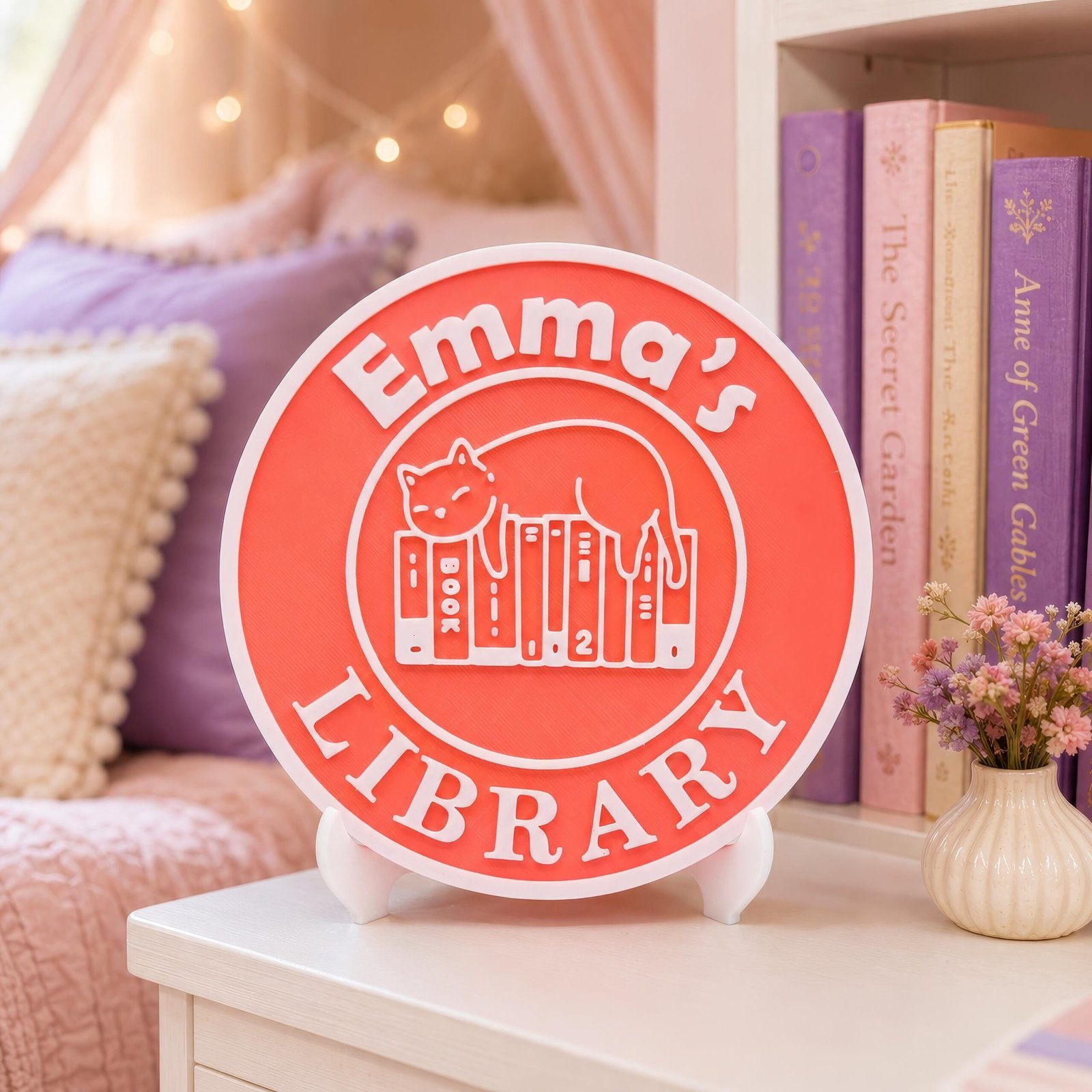 Personalized Library Sign with Stand: Custom 3D Printed Bookshelf and Book Nook Decor