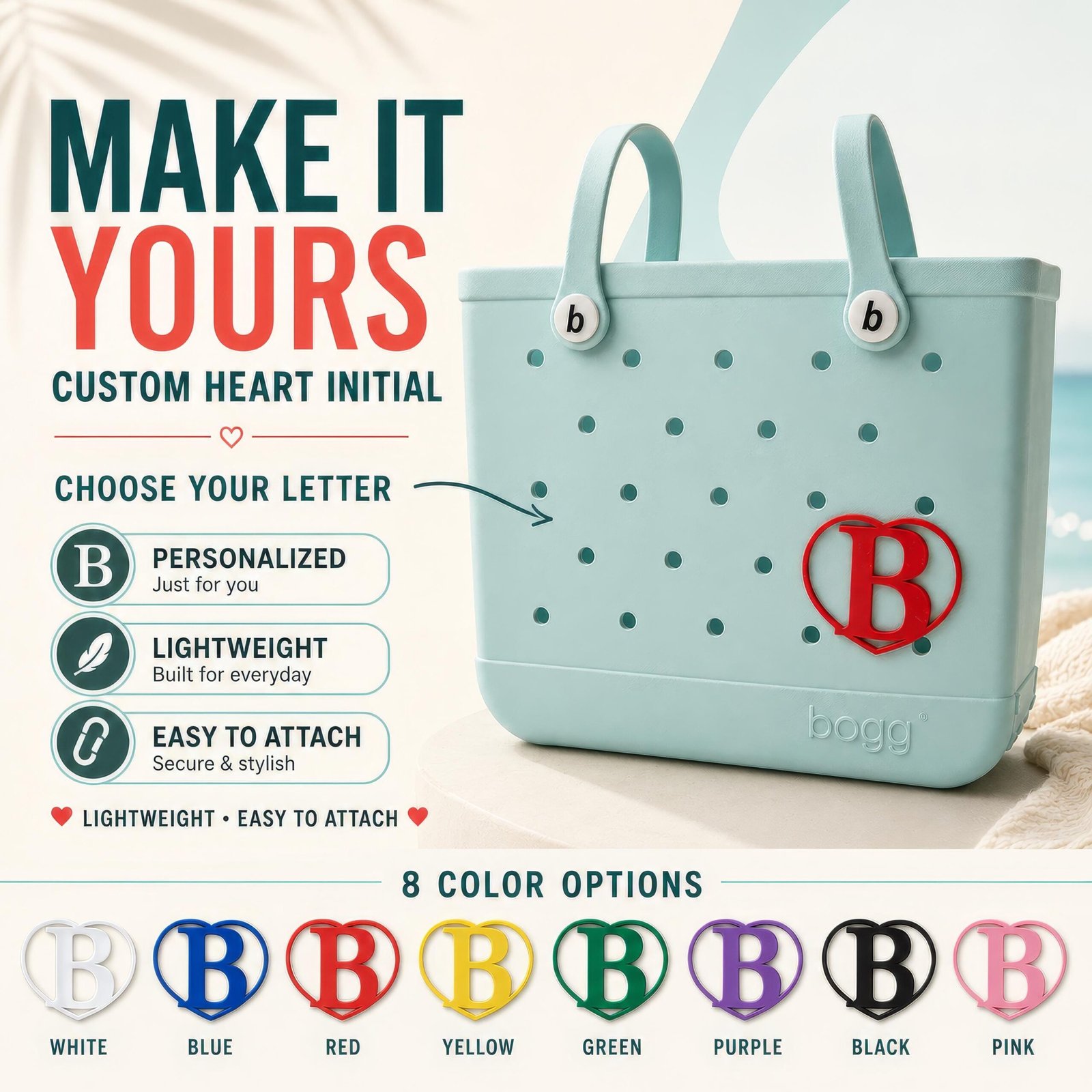 Personalized Heart Letter Charm for Bogg Bag, Beach Tote Accessory