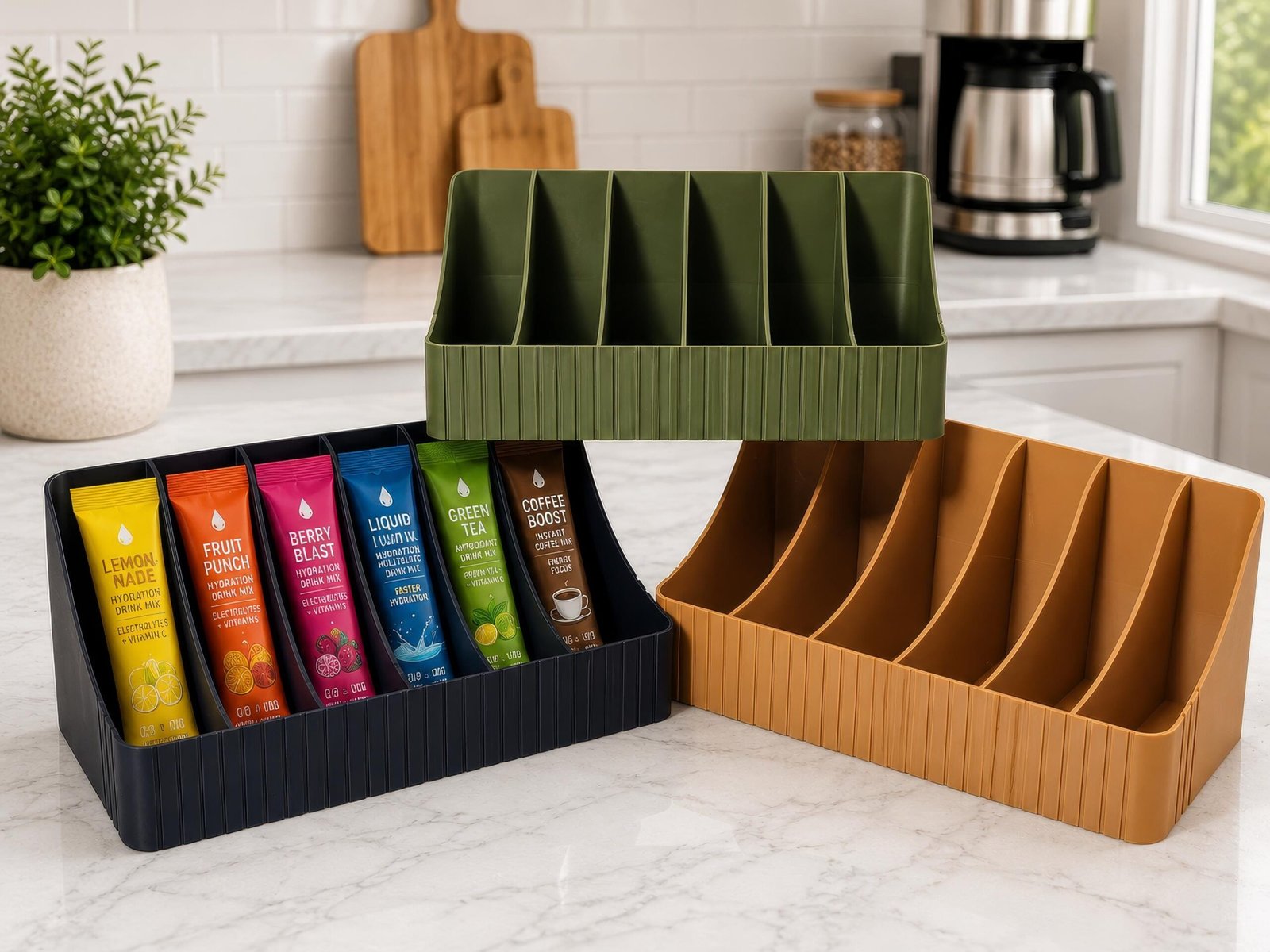 6-Slot Drink Mix Packet Organizer, 3D Printed PLA Holder, Countertop Hydration Station