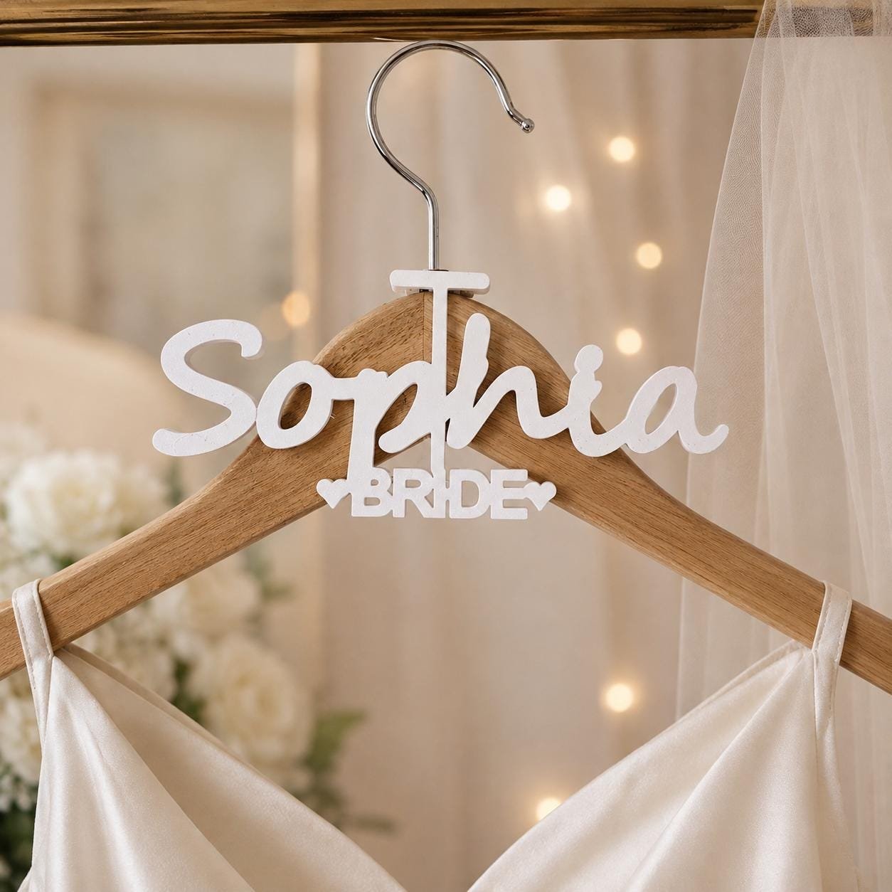 Personalized Wedding Dress Hanger Attachment, Custom Bride or Bridesmaid Name Tag