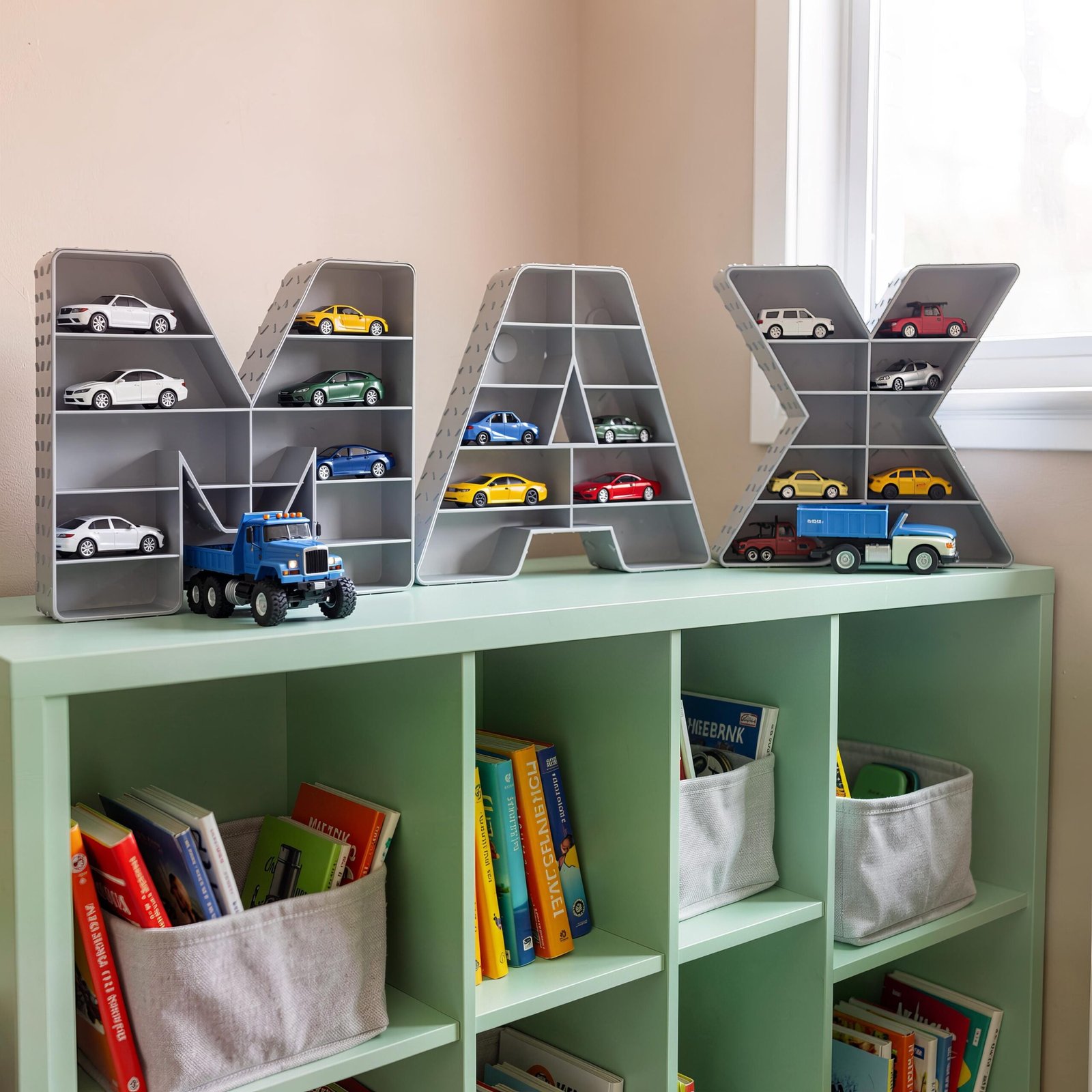 Personalized Toy Car Display Letter, 10 Inch Kids Room Wall Organizer for 1:64 Diecast Cars Diamond-Plate Texture - Image 3