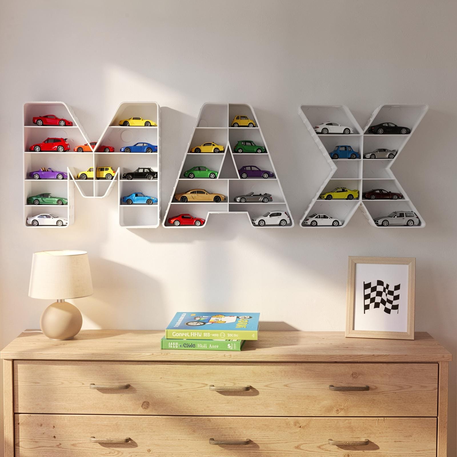 Personalized Toy Car Display Letter, 10 Inch Kids Room Wall Organizer for 1:64 Diecast Cars Diamond-Plate Texture - Image 6