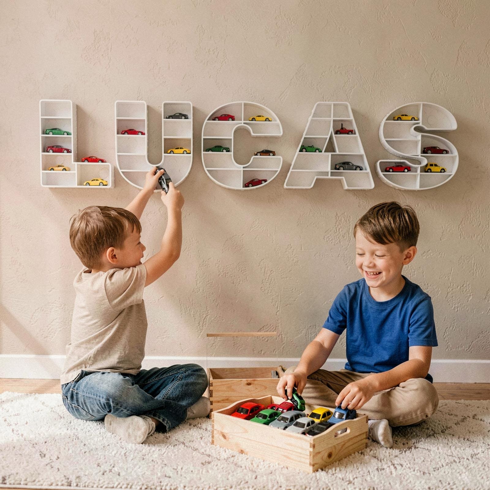 Personalized Toy Car Display Letter, 10 Inch Kids Room Wall Organizer for 1:64 Diecast Cars Diamond-Plate Texture - Image 7