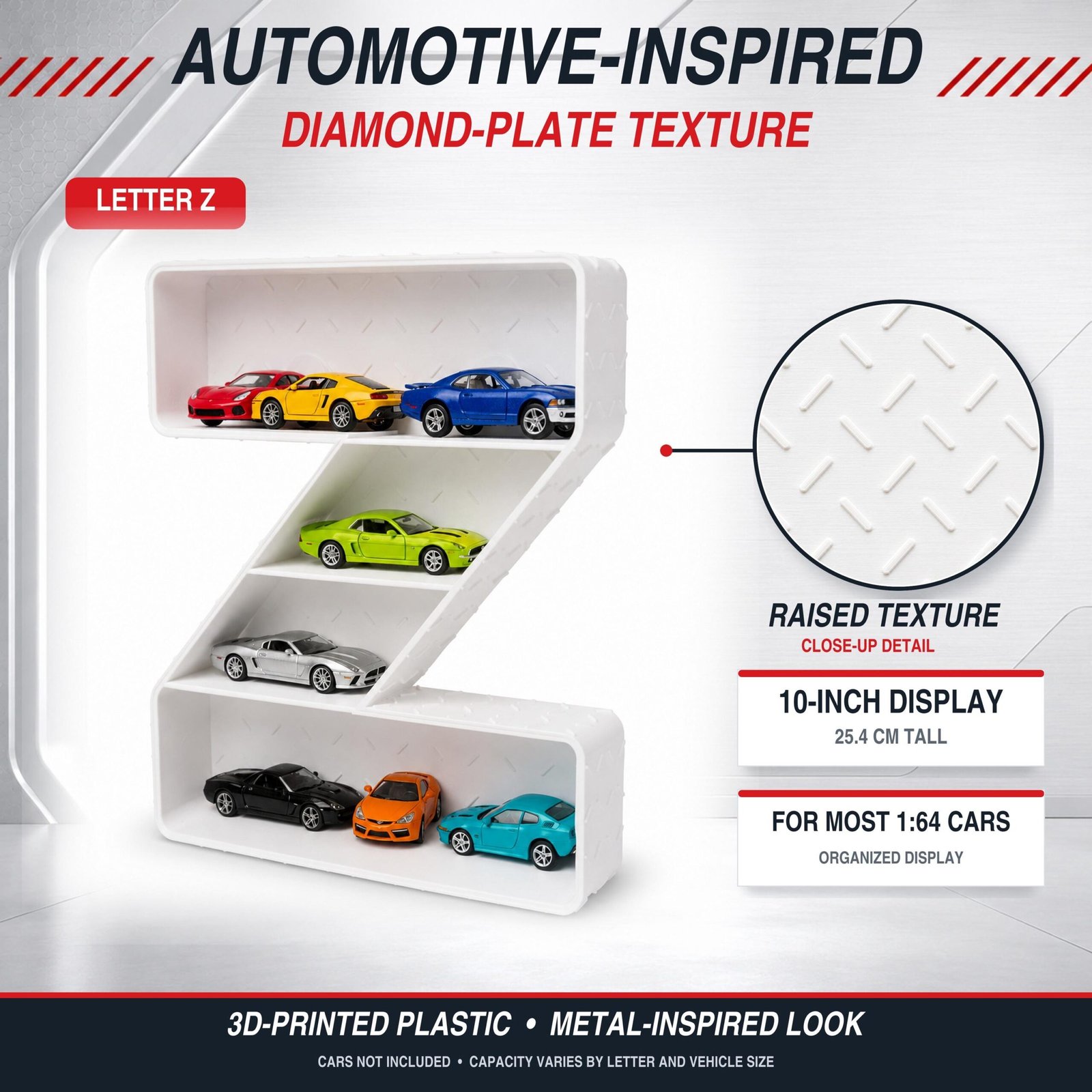 Personalized Toy Car Display Letter, 10 Inch Kids Room Wall Organizer for 1:64 Diecast Cars Diamond-Plate Texture - Image 9