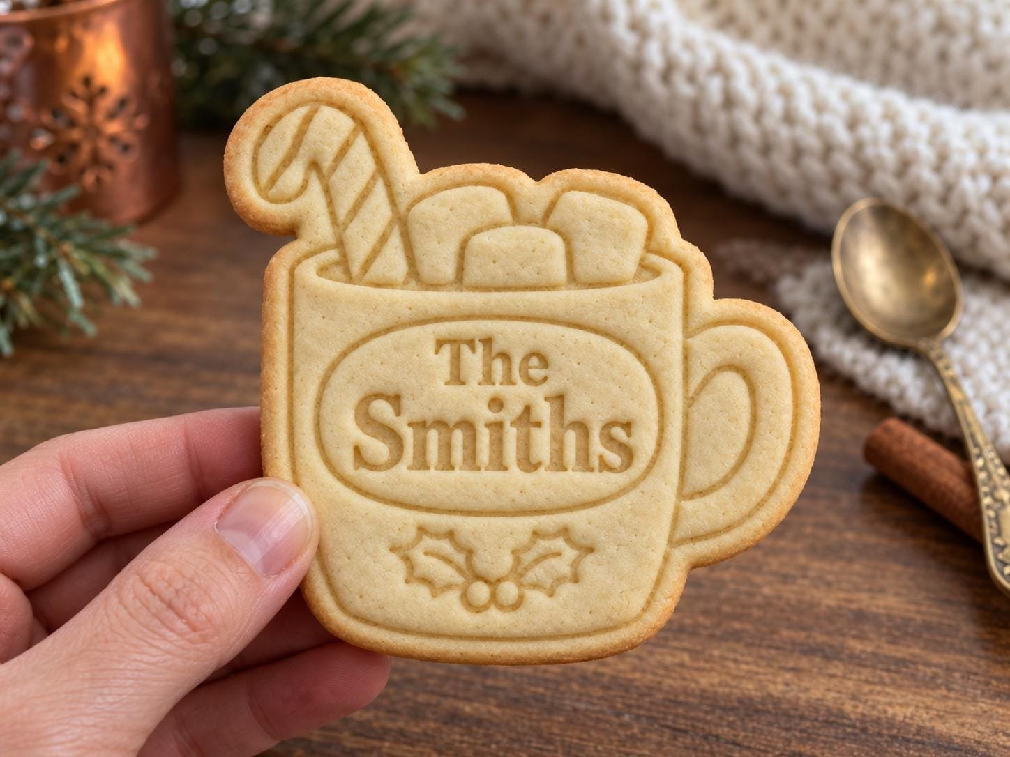 Personalized Hot Cocoa Mug Cookie Cutter and Stamp, Custom Christmas Family Name, 3 Inch