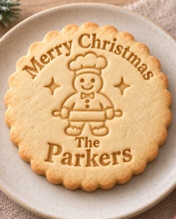 Gingerbread Baker Christmas Cookie Stamp and Scalloped Cutter, Personalized Family Name
