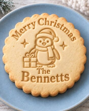 Penguin Christmas Cookie Stamp and Scalloped Cutter, Personalized Family Name