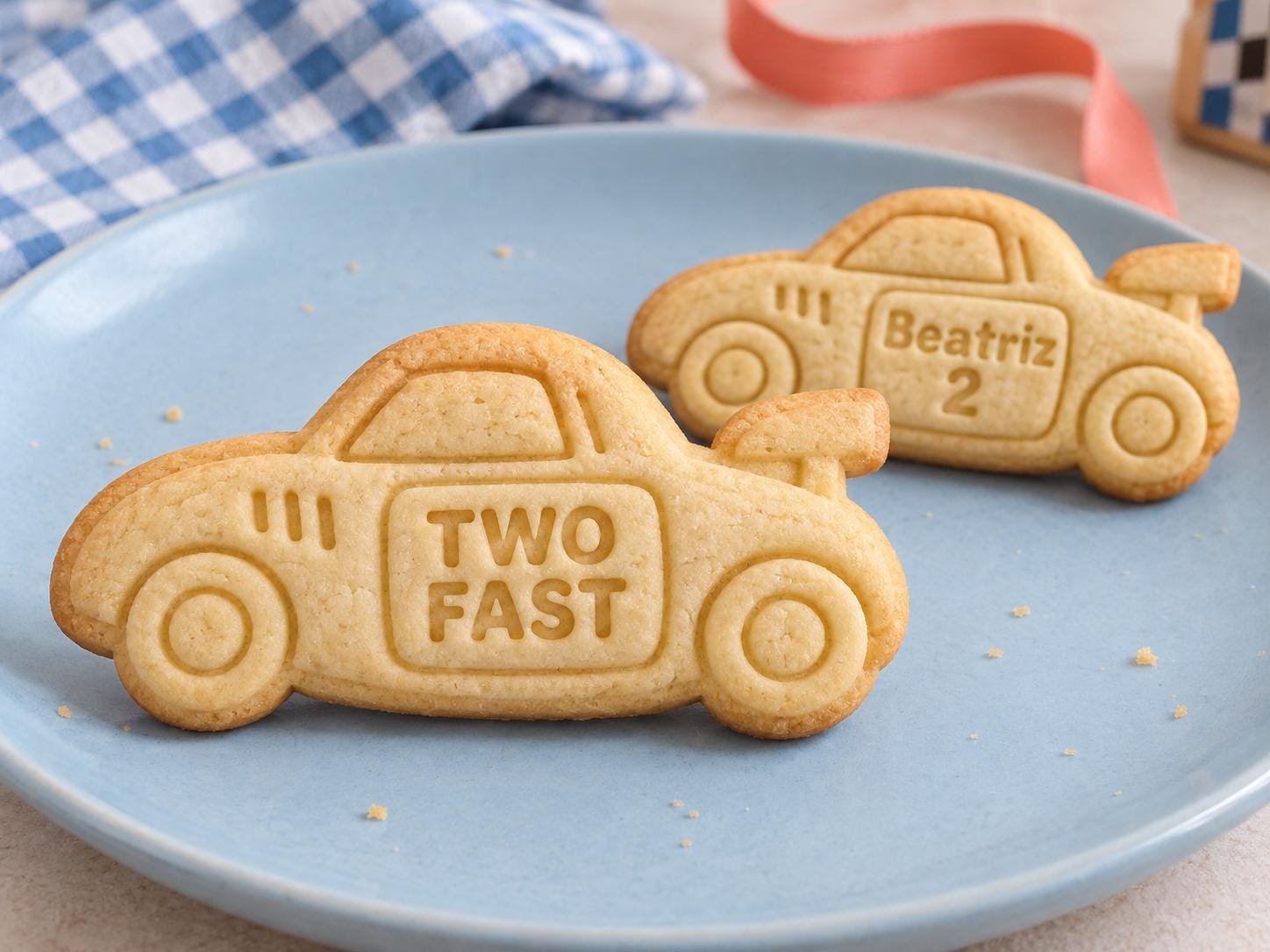 Two Fast Race Car Cookie Stamp and Cutter, Personalized 3-Inch Birthday Set