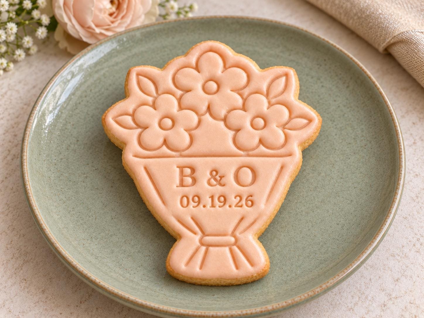 Bridal Bouquet Cookie Stamp and Cutter, Personalized Wedding Initials and Date, 3 Inch