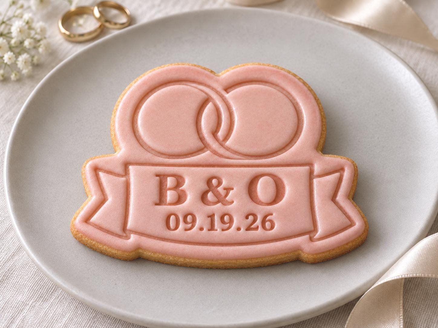 Personalized Wedding Rings Cookie Stamp and Cutter, Custom Initials and Date, 3 Inch