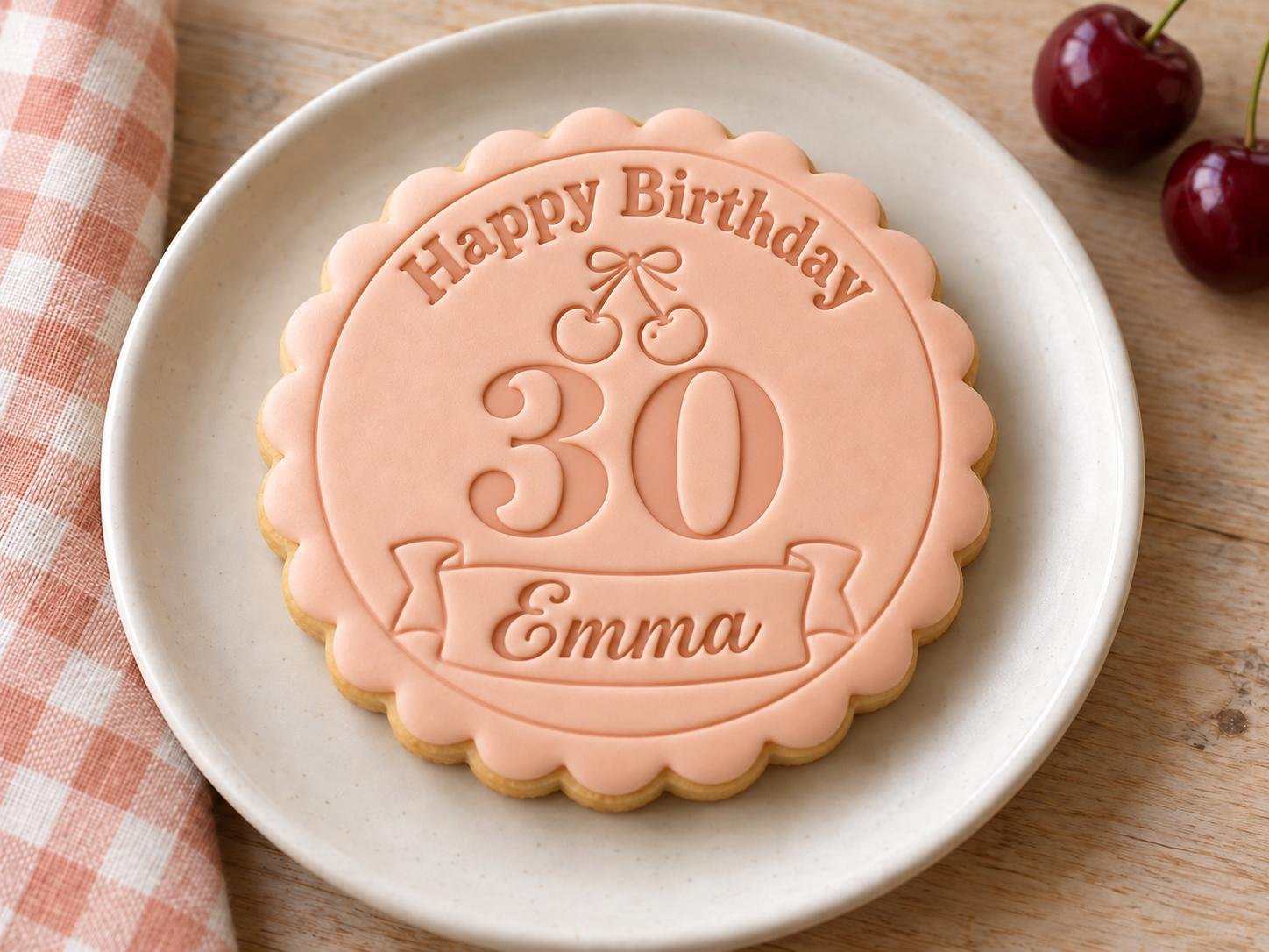 Cherry Birthday Cookie Stamp and Scalloped Cutter, Personalized Name and Age