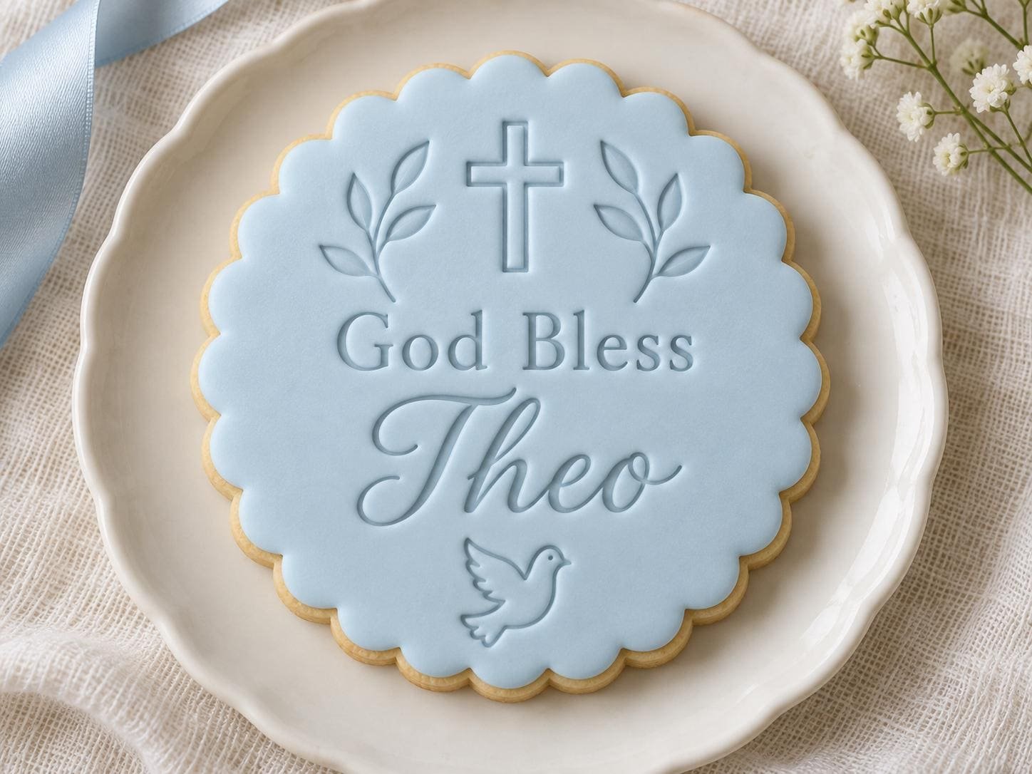 God Bless Christening Cookie Stamp and Scalloped Cutter, Personalized Name