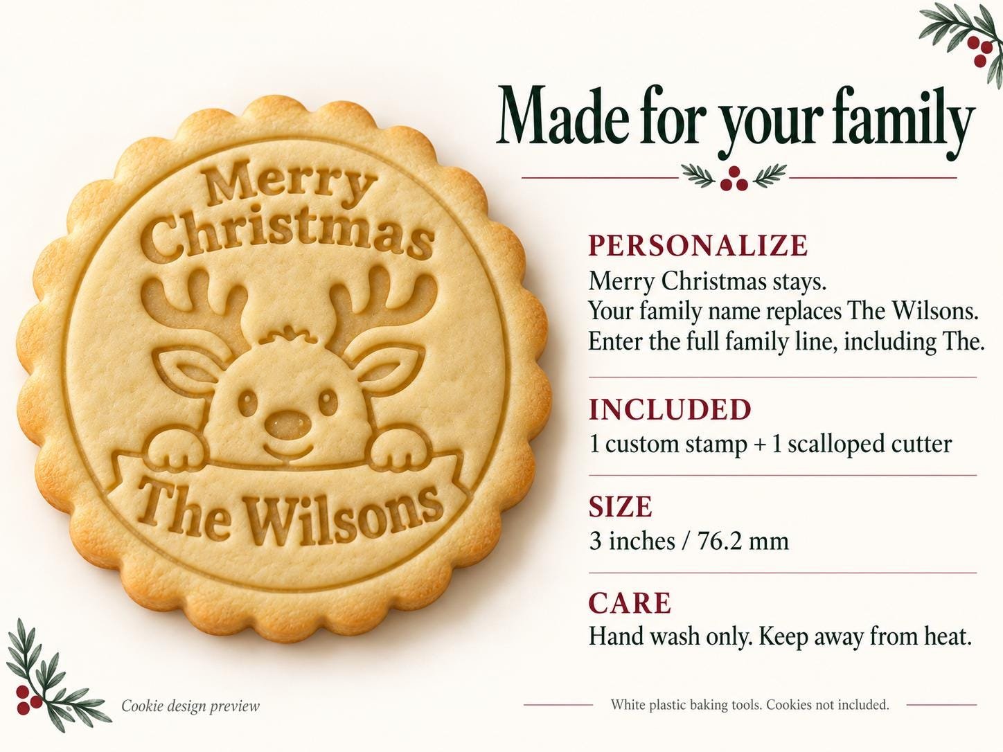 Personalized Reindeer Cookie Stamp and Scalloped Cutter, Merry Christmas Family Name - Image 2