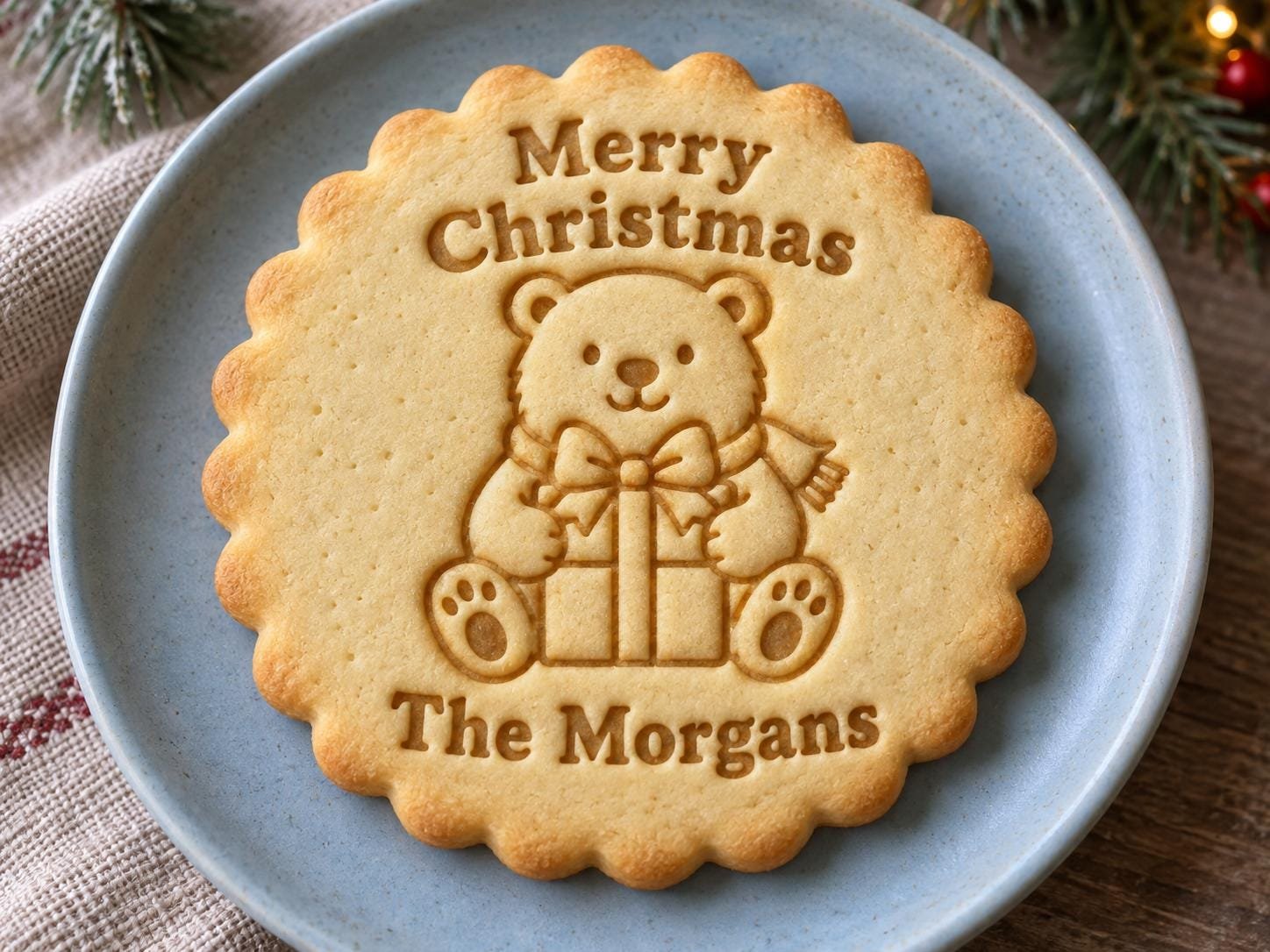Personalized Polar Bear Cookie Stamp and Scalloped Cutter, Christmas Family Name