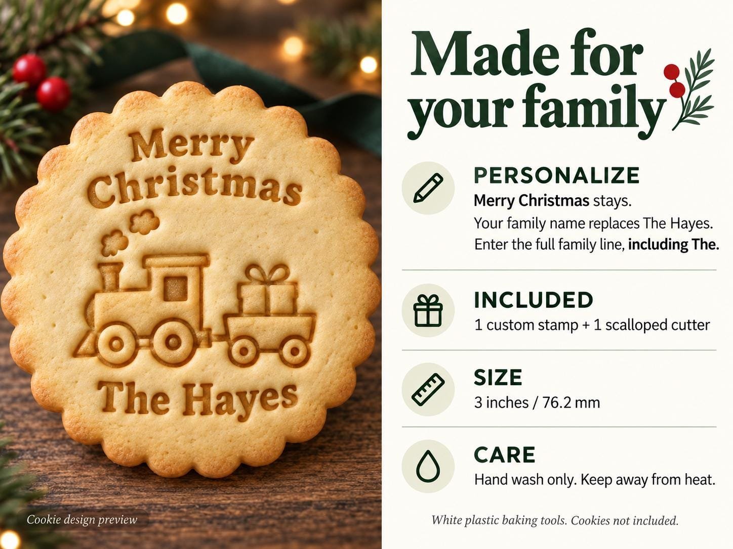Personalized Christmas Train Cookie Stamp and Scalloped Cutter, Custom Family Name - Image 2