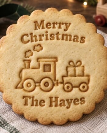 Personalized Christmas Train Cookie Stamp and Scalloped Cutter, Custom Family Name