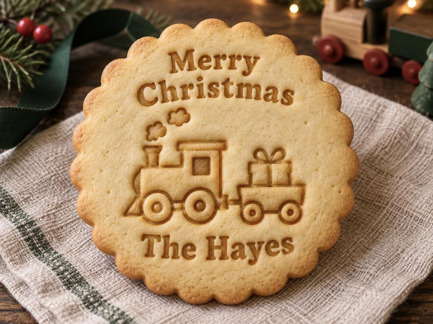 Personalized Christmas Train Cookie Stamp and Scalloped Cutter, Custom Family Name