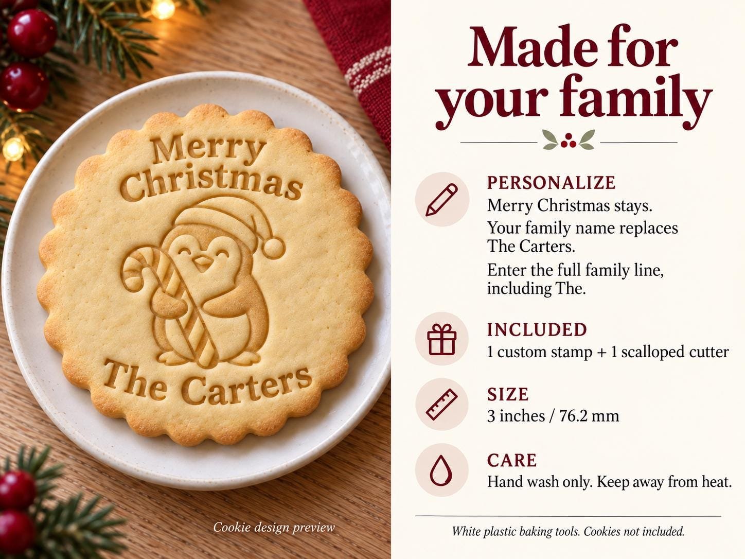 Personalized Christmas Penguin Cookie Stamp and Scalloped Cutter, Custom Family Name - Image 2