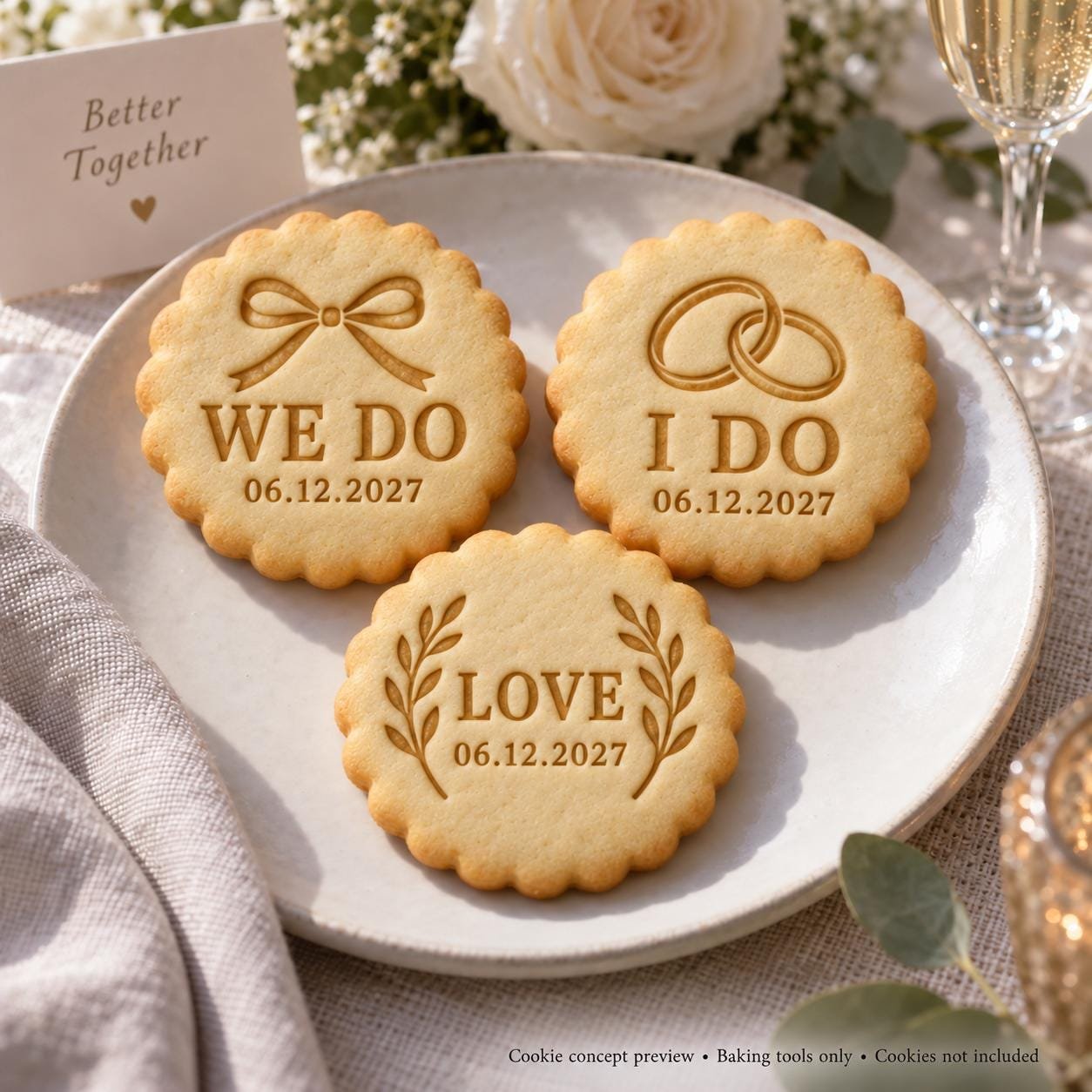 Personalized Wedding Cookie Stamp and Scalloped Cutter, Names and Date, 9 Design Choices - Image 3