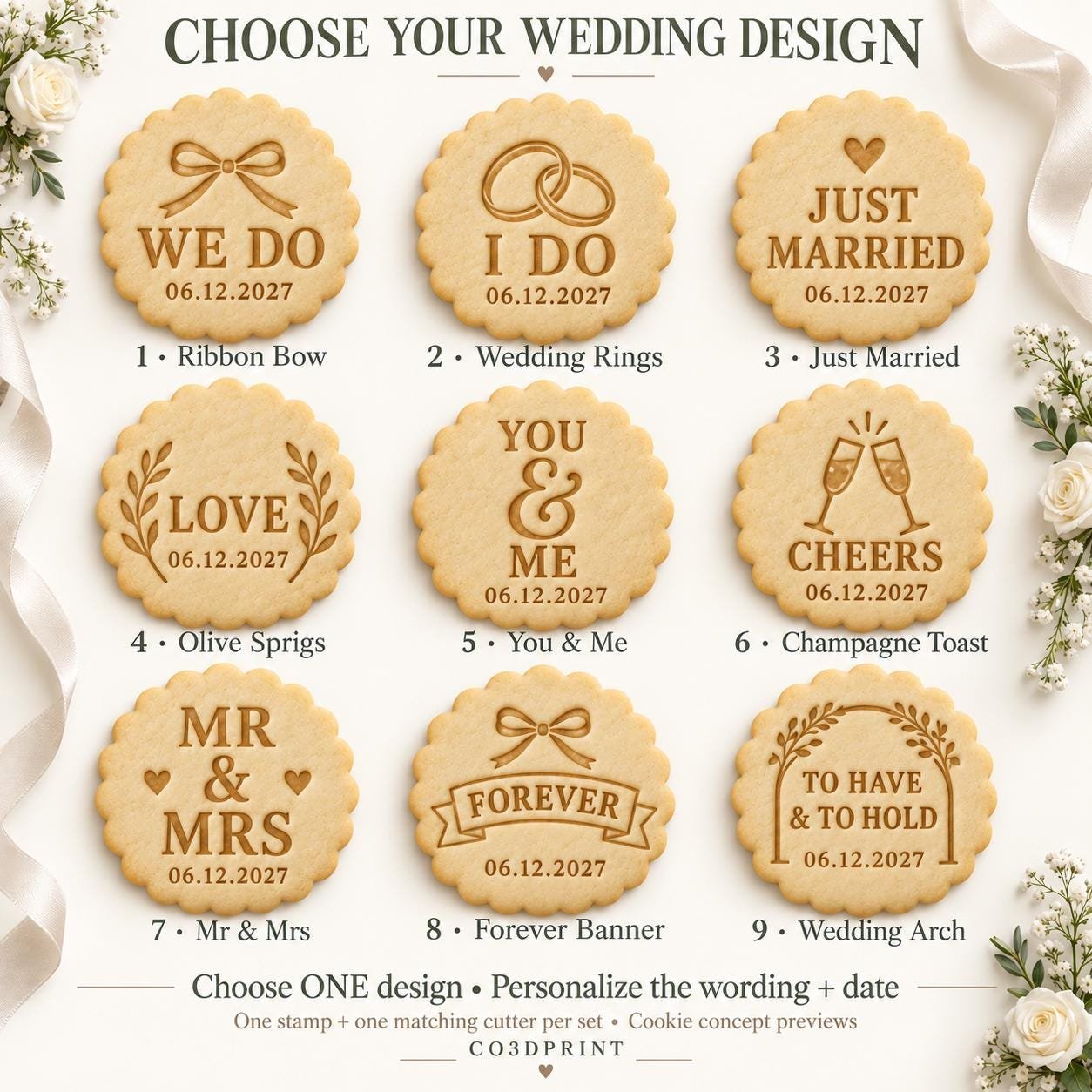 Personalized Wedding Cookie Stamp and Scalloped Cutter, Names and Date, 9 Design Choices - Image 2