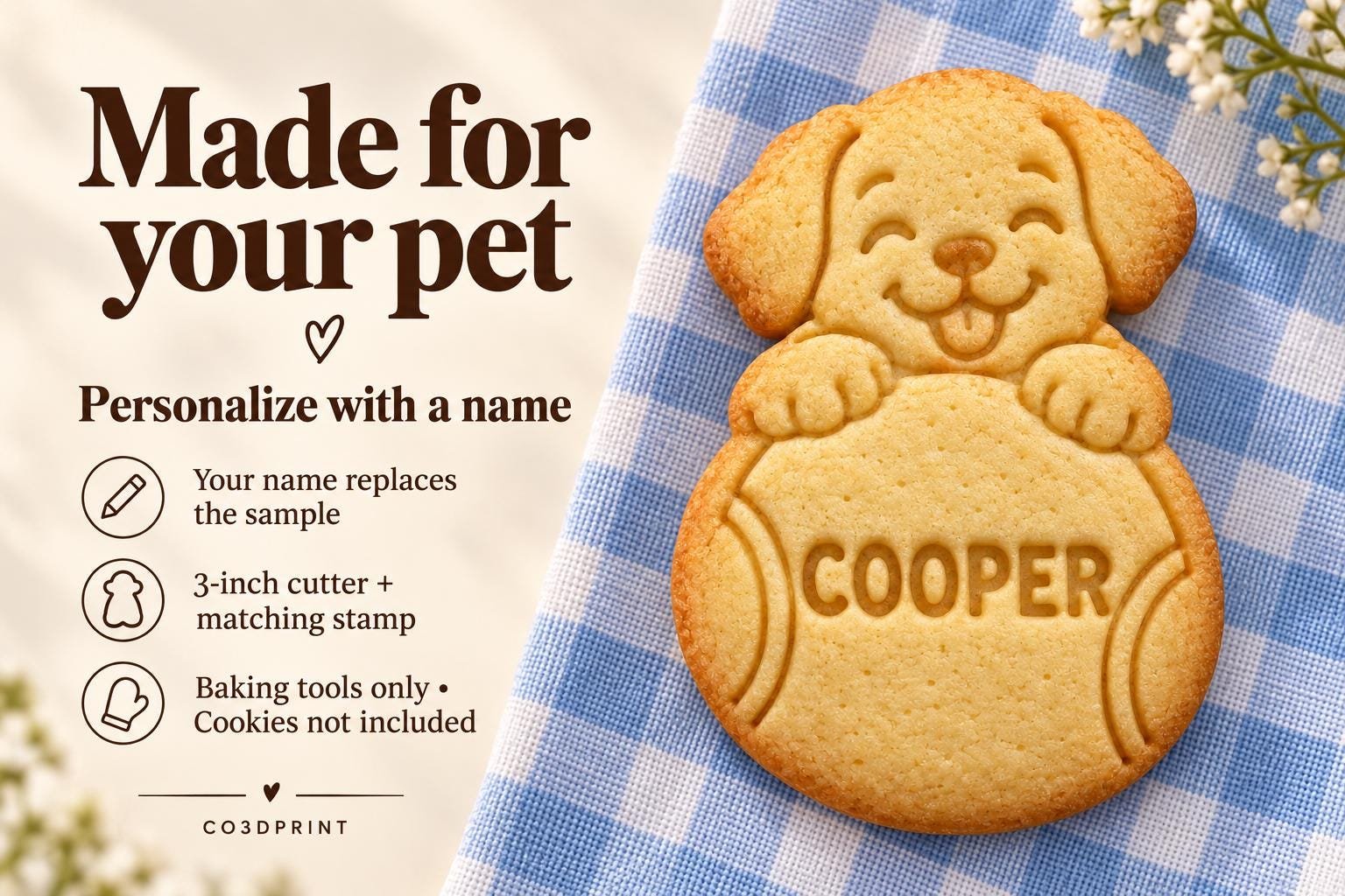 Personalized Dog Cookie Cutter and Stamp, Tennis Ball Puppy, Custom Pet Name, 3 Inch