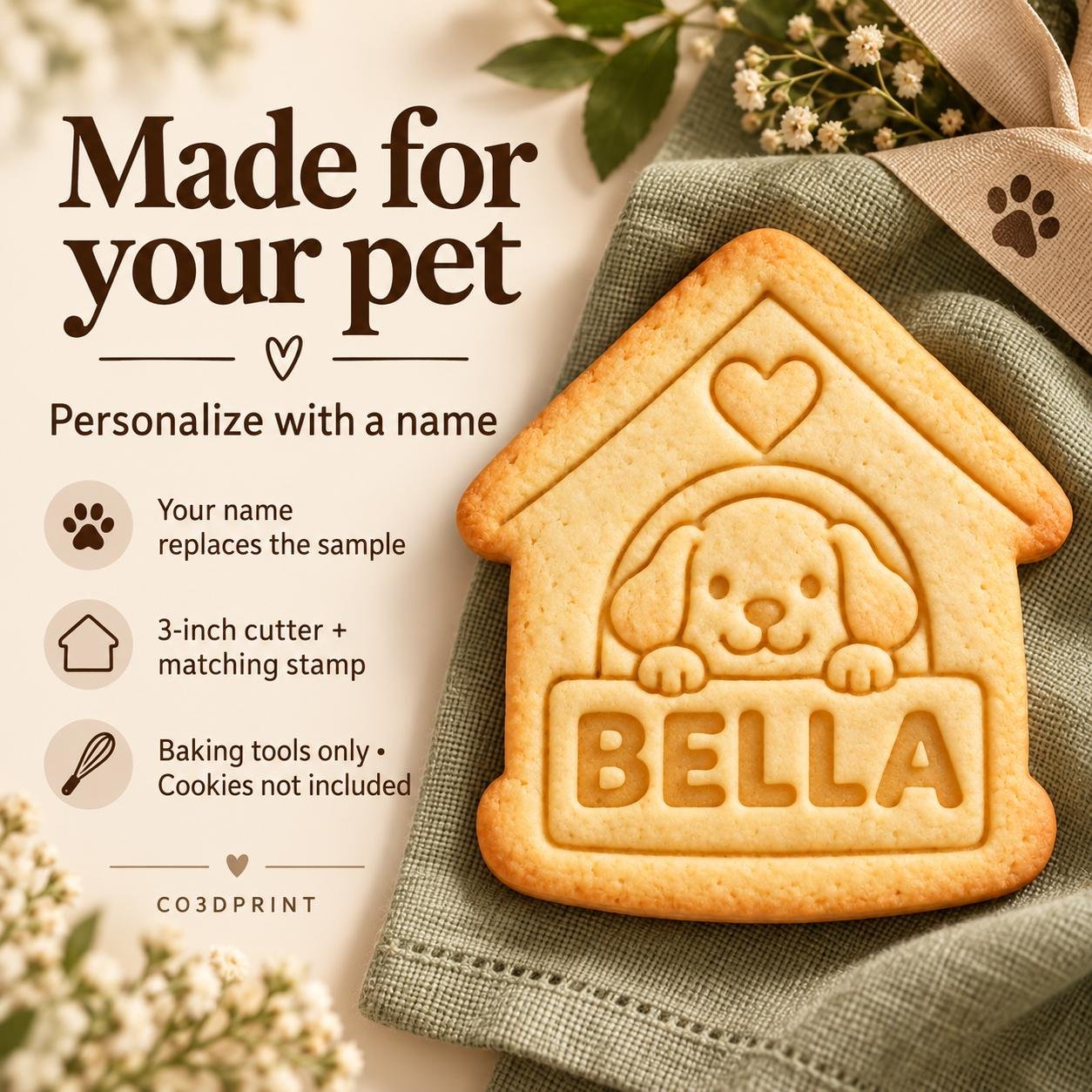 Personalized Pet Cookie Cutter and Stamp, Choose 1 of 6 Dog and Cat Designs, Custom Name, 3 Inch - Image 9