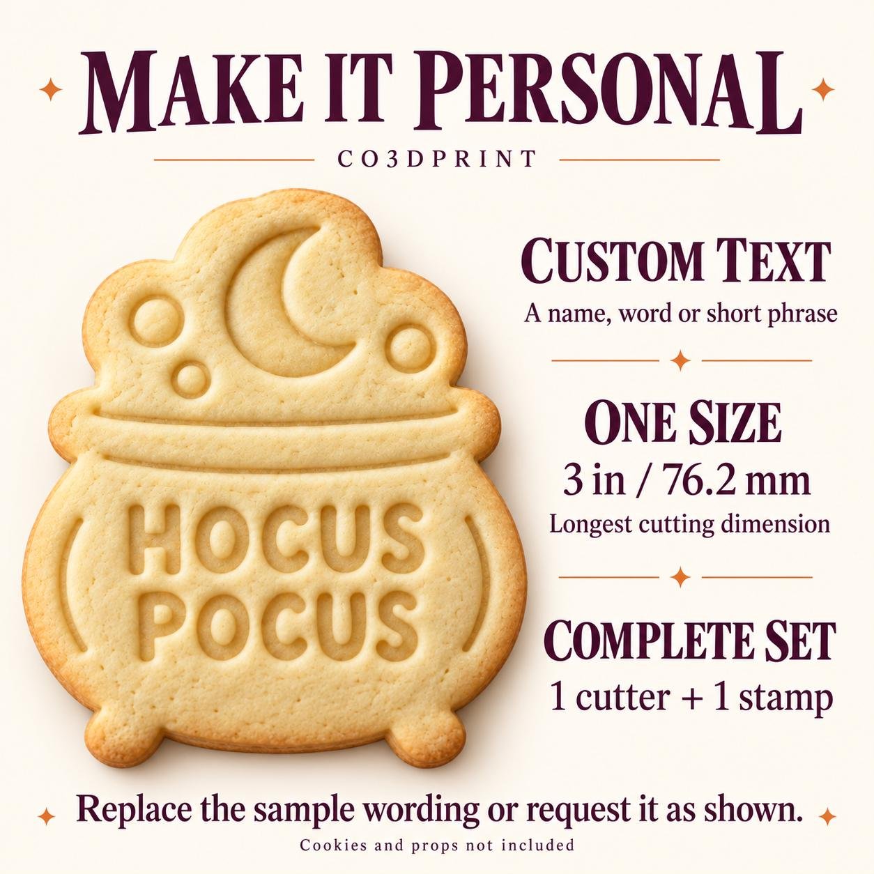 Personalized Cauldron Cookie Cutter and Stamp Set, Hocus Pocus Halloween, Custom Text, 3 Inch - Image 4