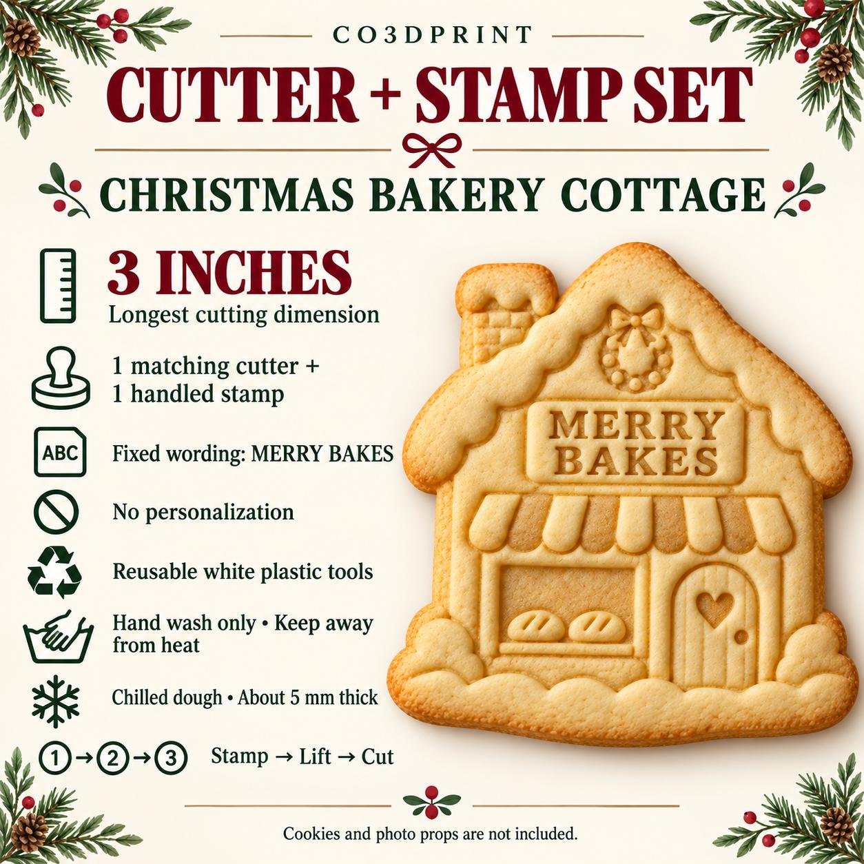Christmas House Cookie Cutter and Stamp Set, Merry Bakes Bakery Cottage, Holiday Baking Tool, 3 Inch - Image 3