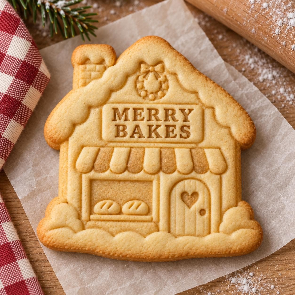 Christmas House Cookie Cutter and Stamp Set, Merry Bakes Bakery Cottage, Holiday Baking Tool, 3 Inch - Image 2