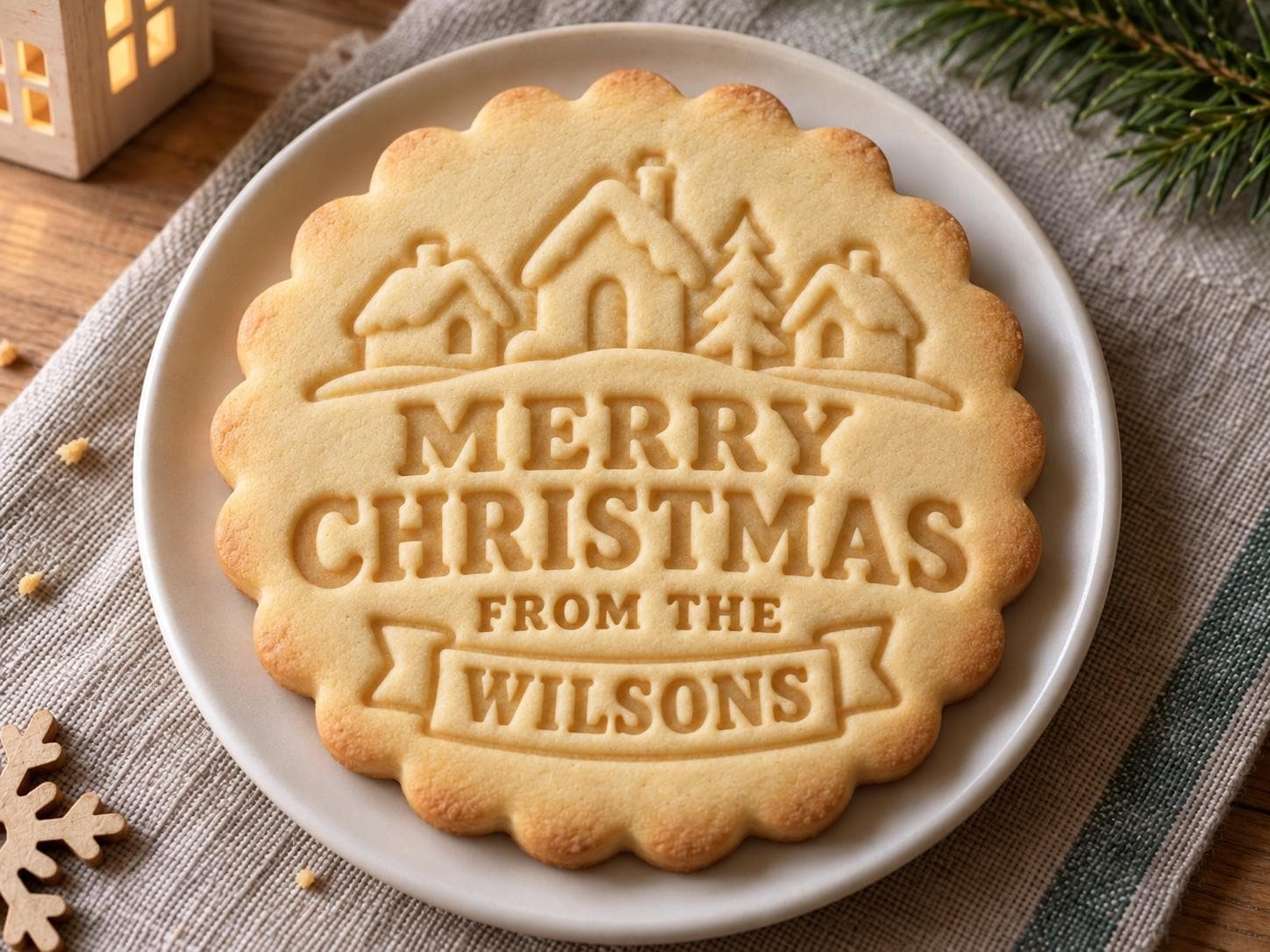 Personalized Christmas Village Cookie Cutter and Stamp Set, Scalloped Family Name, 3 Inch - Image 2