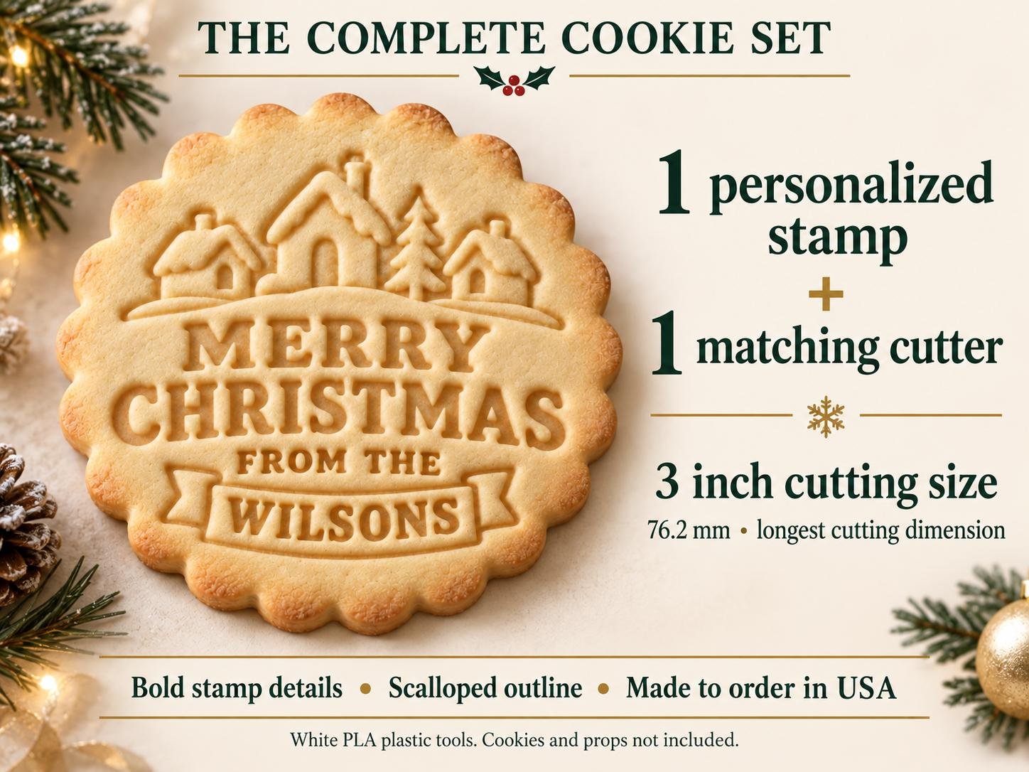 Personalized Christmas Village Cookie Cutter and Stamp Set, Scalloped Family Name, 3 Inch - Image 5
