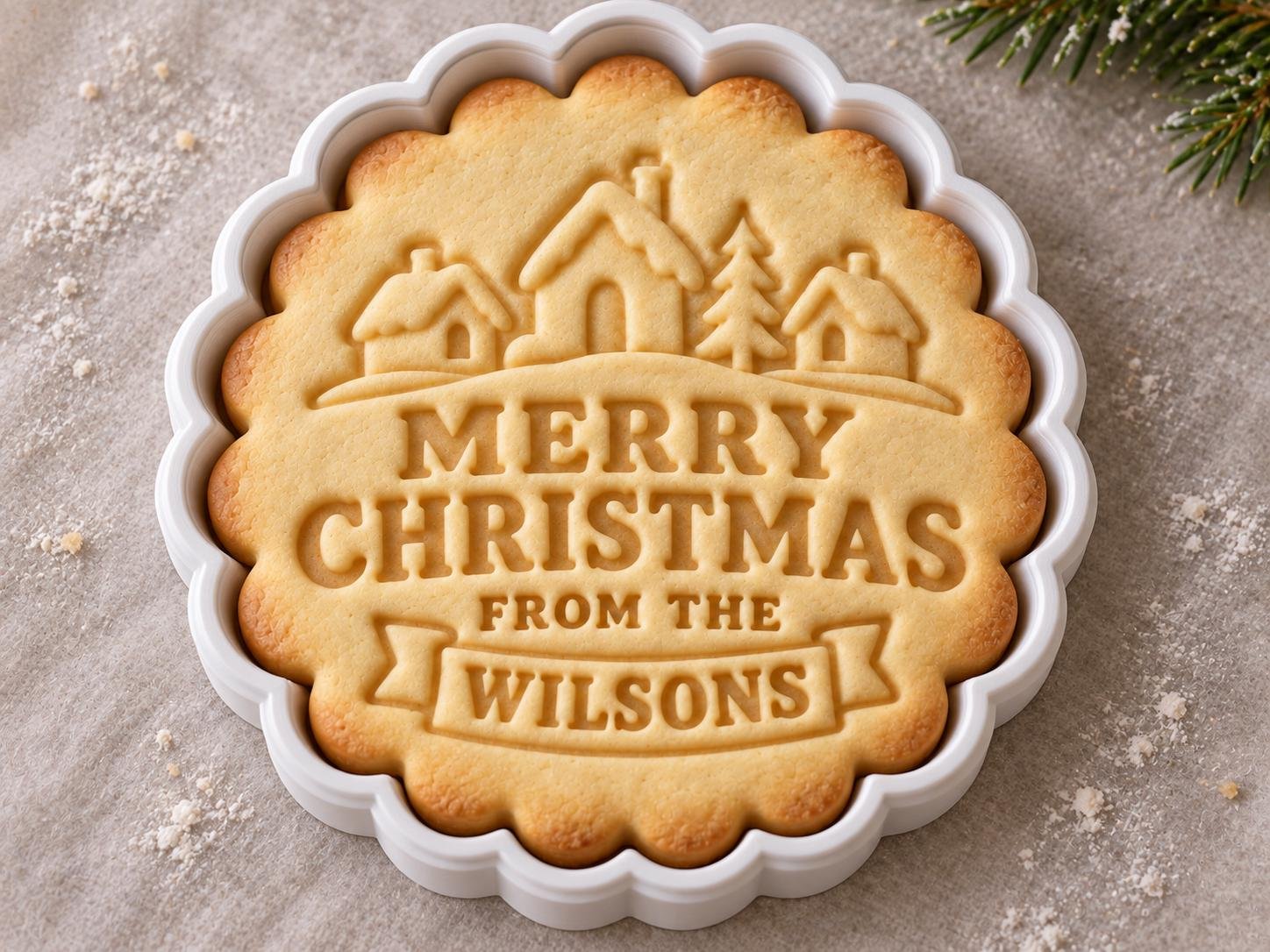 Personalized Christmas Village Cookie Cutter and Stamp Set, Scalloped Family Name, 3 Inch - Image 3