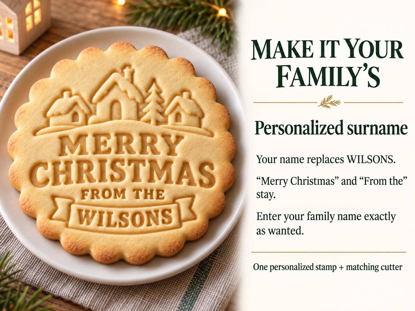 Personalized Christmas Village Cookie Cutter and Stamp Set, Scalloped Family Name, 3 Inch - Image 4