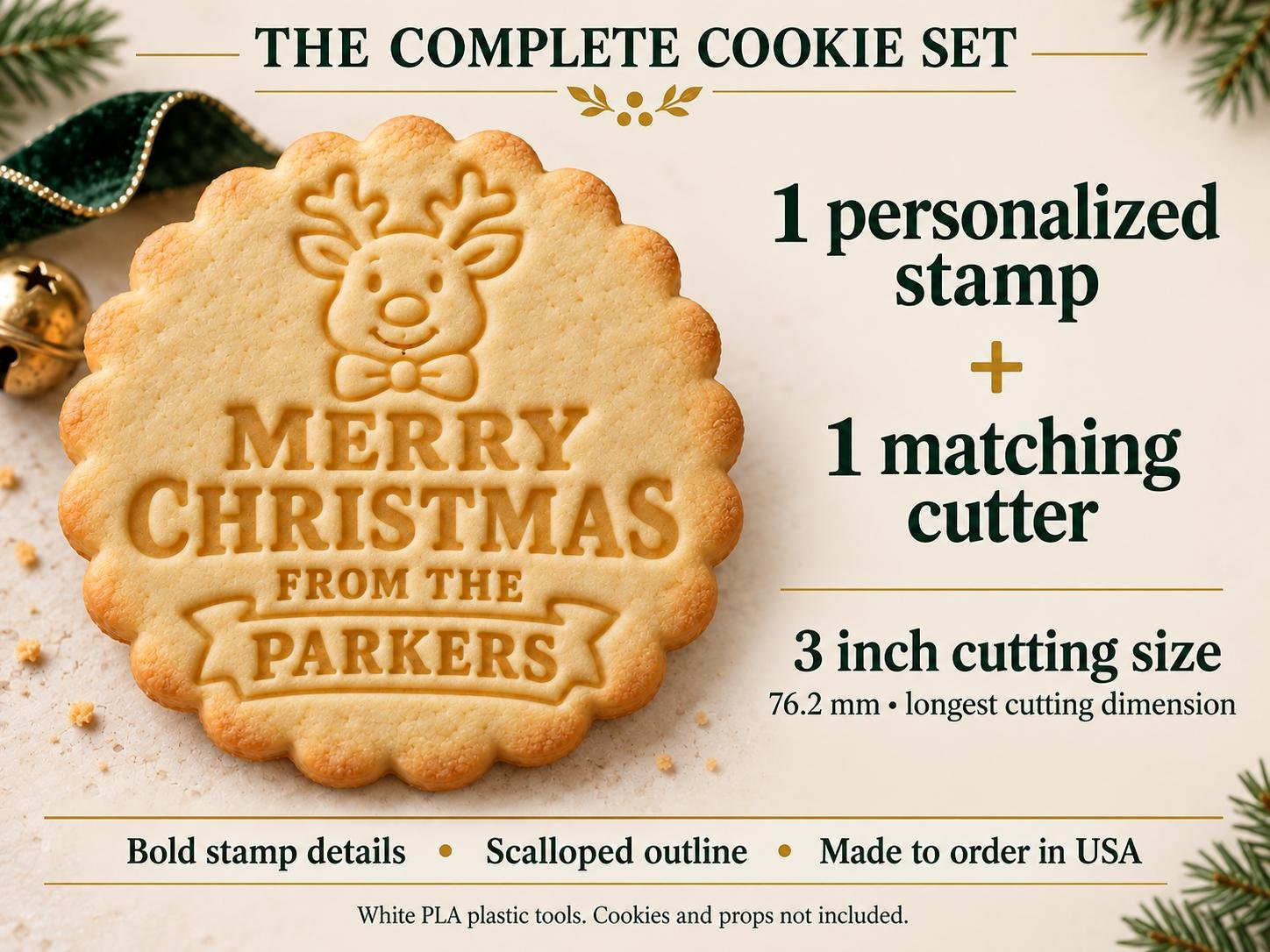 Personalized Reindeer Christmas Cookie Cutter and Stamp Set, Scalloped Family Name, 3 Inch - Image 5