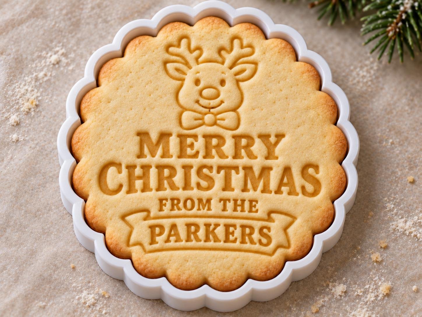 Personalized Reindeer Christmas Cookie Cutter and Stamp Set, Scalloped Family Name, 3 Inch - Image 3