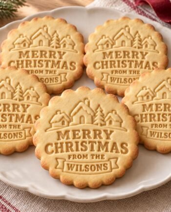 Personalized Christmas Village Cookie Cutter and Stamp Set, Scalloped Family Name, 3 Inch
