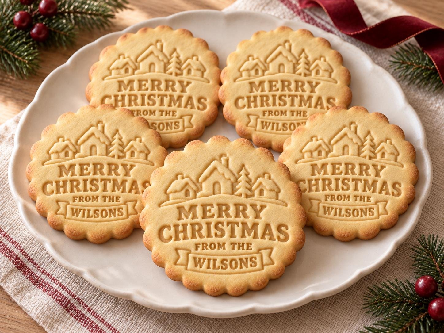 Personalized Christmas Village Cookie Cutter and Stamp Set, Scalloped Family Name, 3 Inch