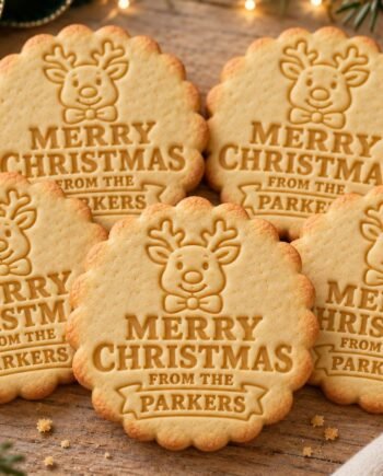 Personalized Reindeer Christmas Cookie Cutter and Stamp Set, Scalloped Family Name, 3 Inch