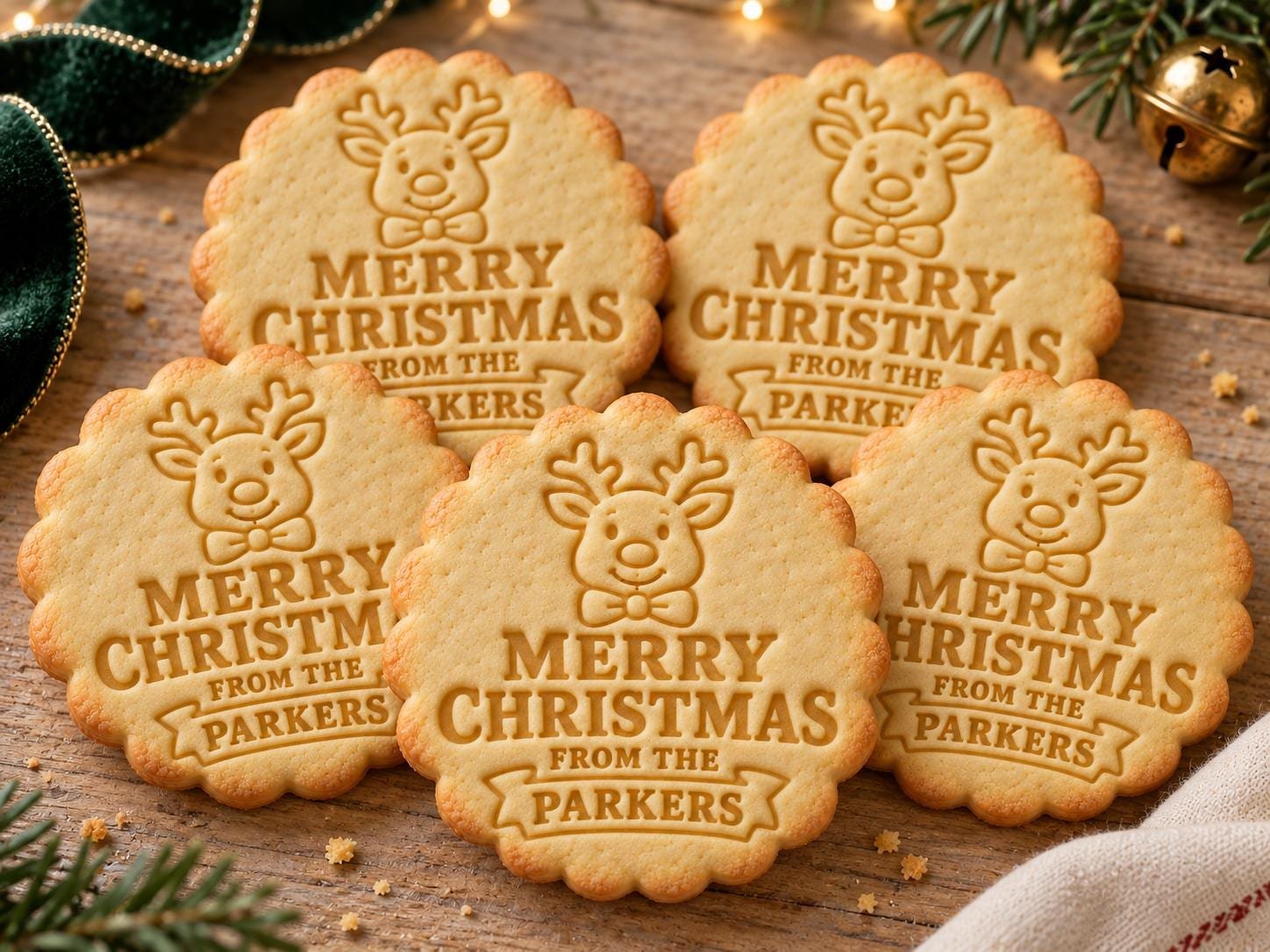 Personalized Reindeer Christmas Cookie Cutter and Stamp Set, Scalloped Family Name, 3 Inch