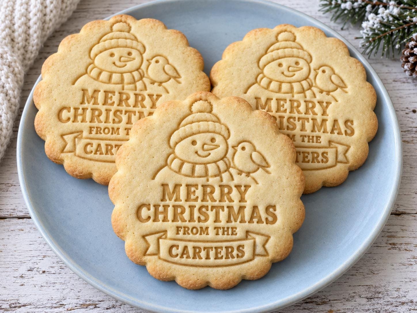 Personalized Snowman and Robin Cookie Cutter and Stamp Set, Christmas Family Name, 3 Inch