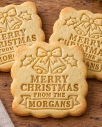 Personalized Christmas Bells Cookie Cutter and Stamp Set, Scalloped Square Family Name, 3 Inch